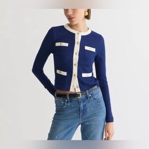 🌾 J. Crew Navy and White Cardigan with Gold Accents
